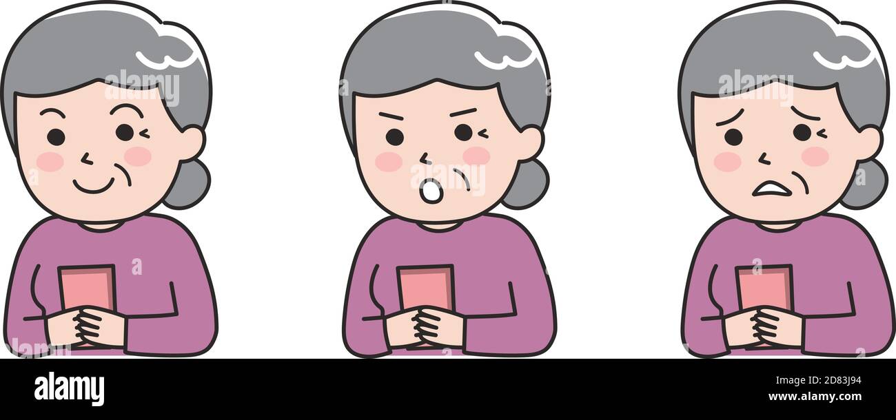 Diverse espressioni di una donna anziana che usa uno smartphone. Illustrazione vettoriale isolata su sfondo bianco. Illustrazione Vettoriale