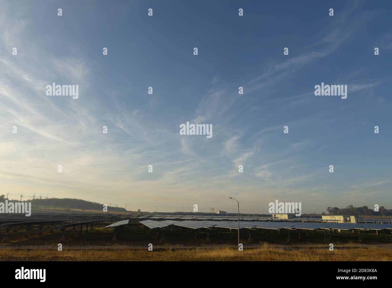 Vista della fattoria solare (pannello solare) al mattino, fonte di energia elettrica alternativa, questo è il sistema di tracciamento del sole, modulo fotovoltaico idea per clea Foto Stock
