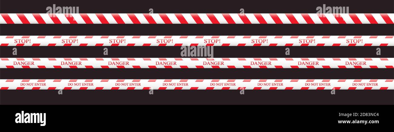 Nastro di avvertenza in rosso e bianco e STOP, Danger, Non entrare. Segnali di pericolo. Illustrazione vettoriale Illustrazione Vettoriale