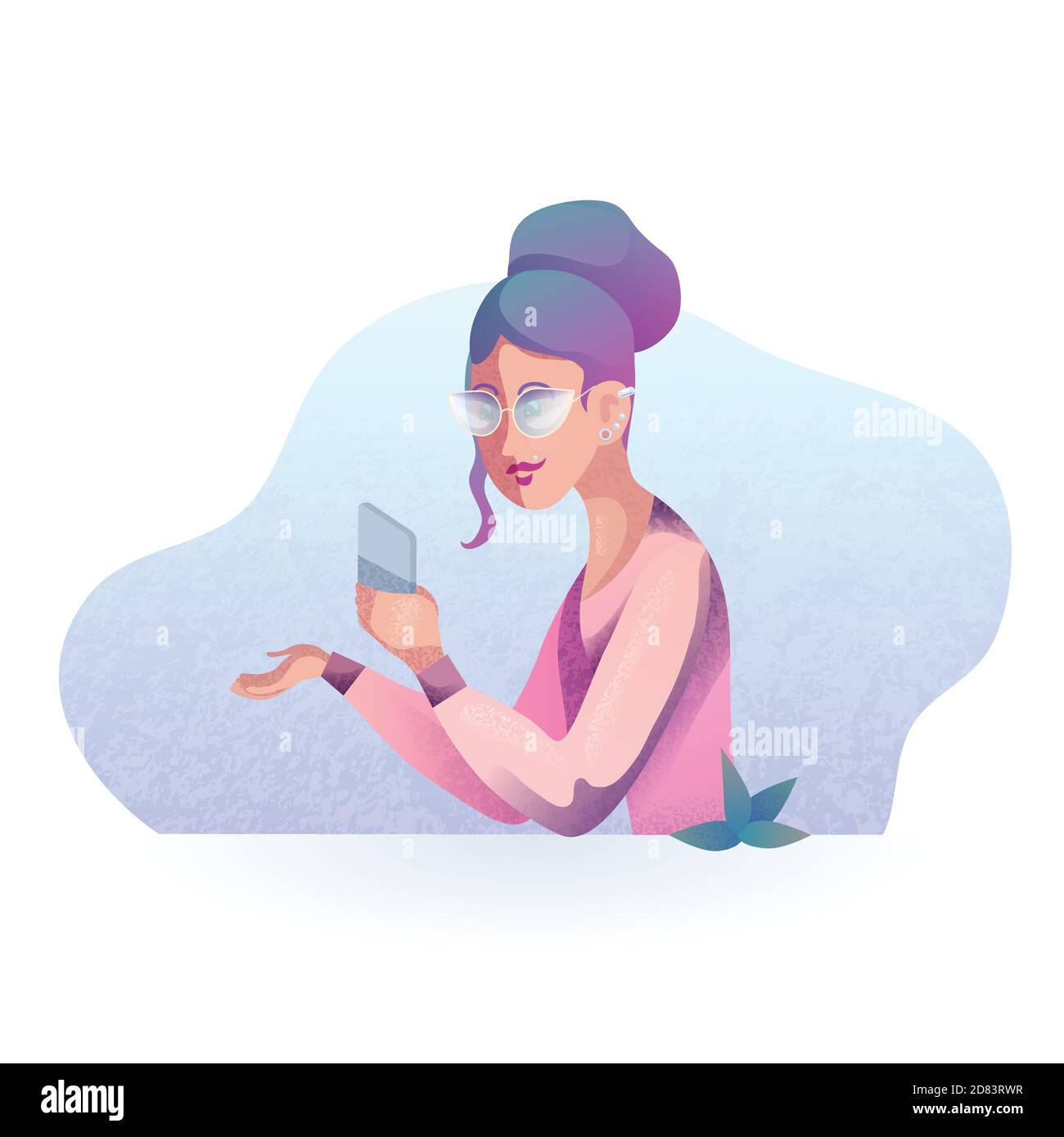 Immagine vettoriale di una ragazza hipster con telefono cellulare in stile moderno. Illustrazione stilizzata vettoriale per la vostra creatività. Illustrazione Vettoriale