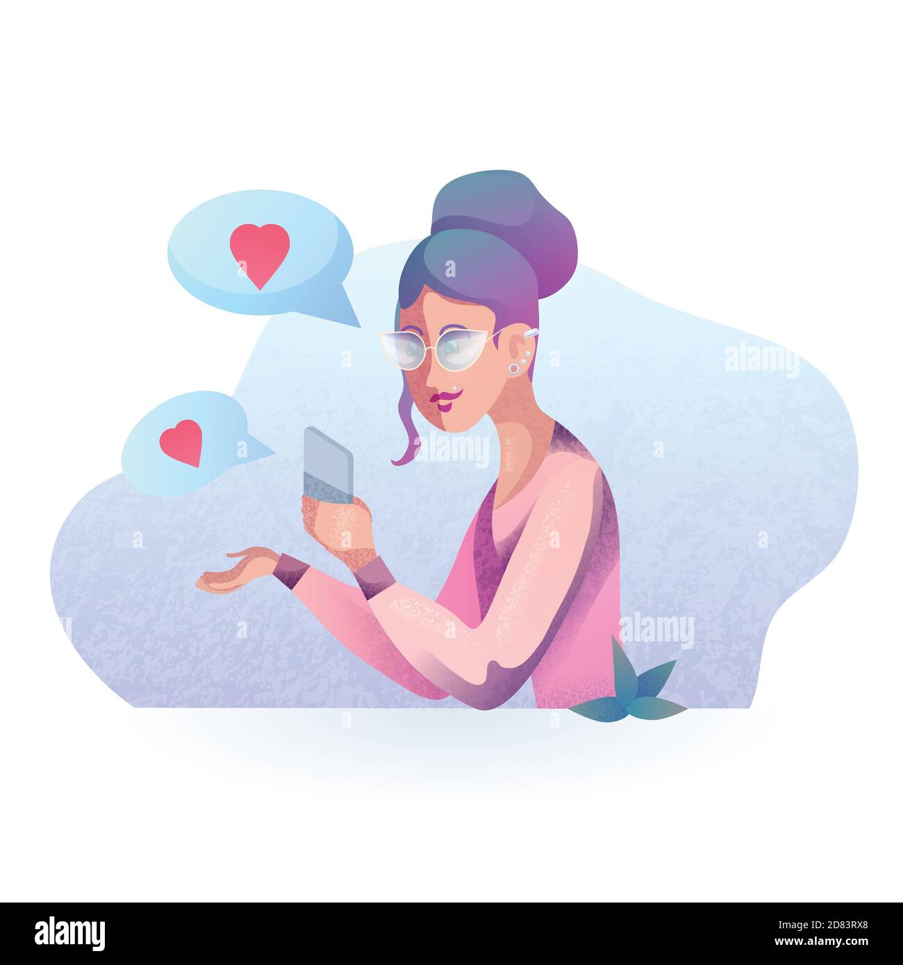 Immagine vettoriale textural di una ragazza hipster che flirta sul telefono in stile moderno. Incontri mobili. Insieme a distanza. Illustrazione stilizzata vettoriale Illustrazione Vettoriale
