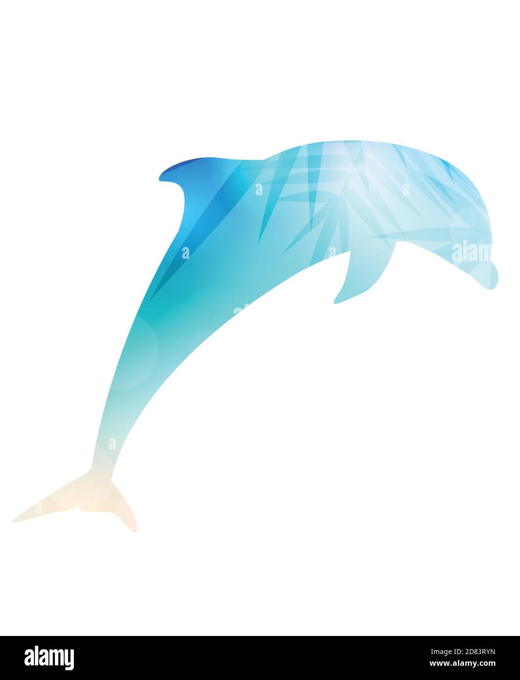 Illustrazione della silhouette di delfino saltante con uno sfondo di spiaggia sfocato e foglie di palma. L'oggetto è separato dallo sfondo. Vettore Illustrazione Vettoriale