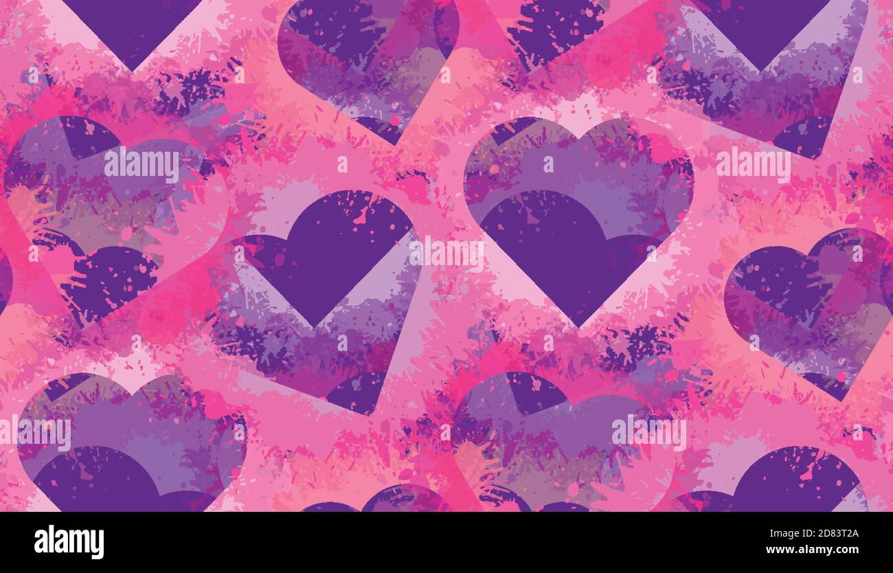 Motivo al neon senza cuciture con cuori e spruzzi di acquerello rosa su sfondo viola. Texture vettoriale per la carta da parati, il wrapping e la vostra creatività. Illustrazione Vettoriale