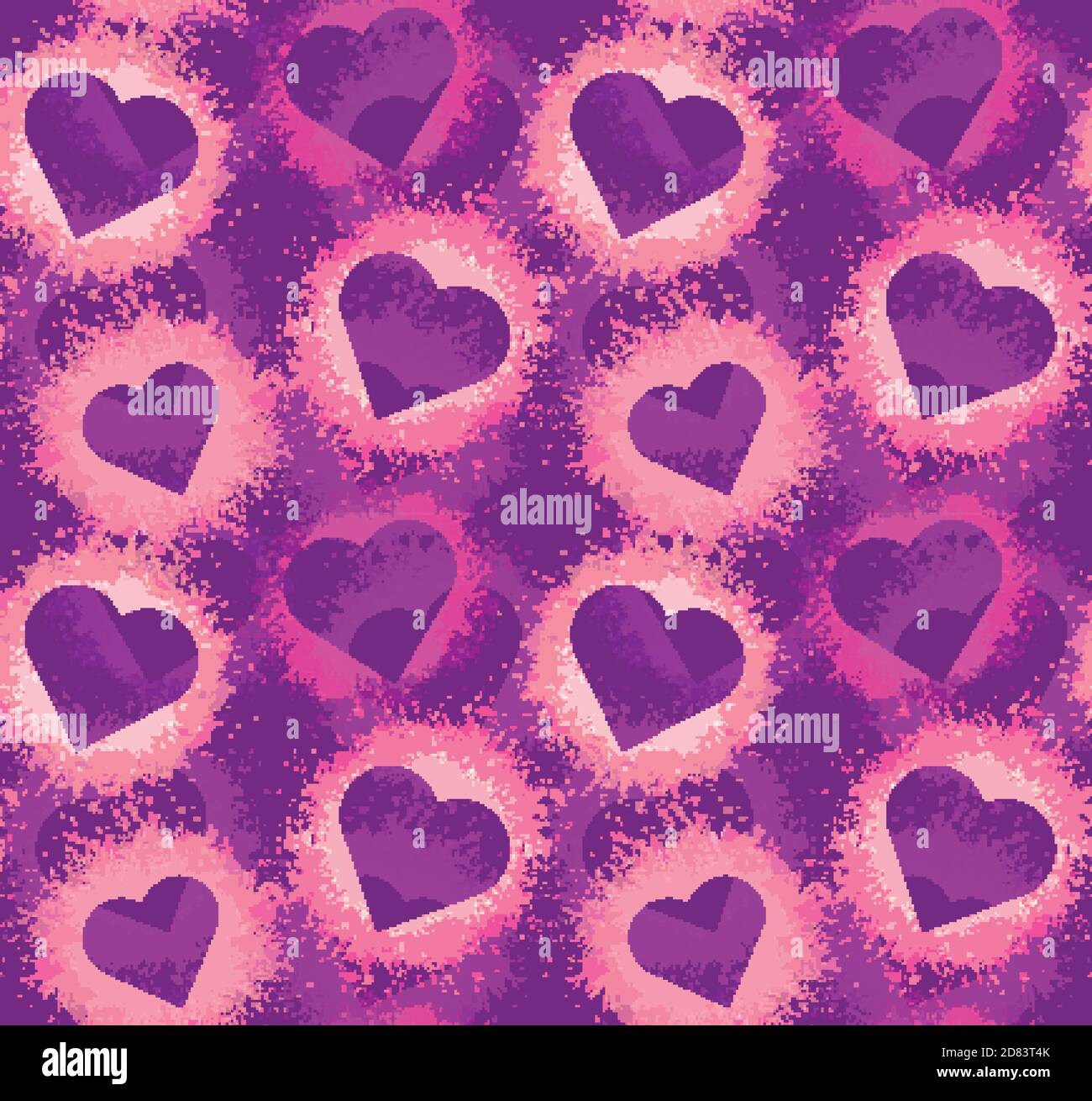 Motivo al neon senza cuciture con cuori e spruzzi di acquerello rosa su sfondo viola. Texture vettoriale per la carta da parati, il wrapping e la vostra creatività. Illustrazione Vettoriale
