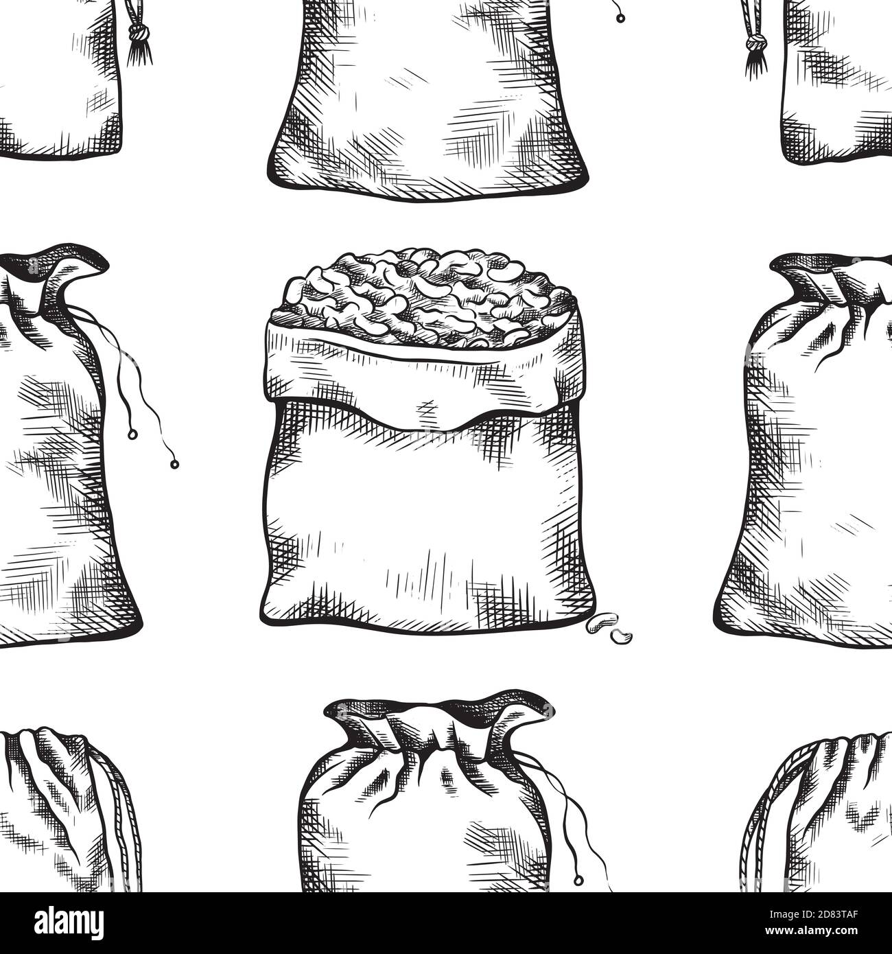 Motivo senza cuciture con illustrazioni in bianco e nero di borse di tela disegnate a mano in fila. Texture vettoriale per menu, tessuti, sfondi e creativi Illustrazione Vettoriale