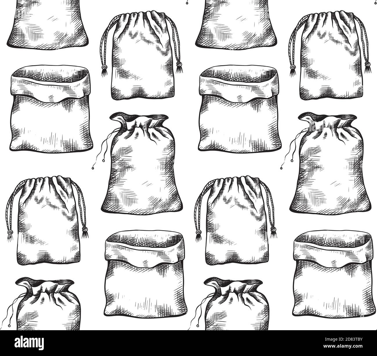 Motivo senza cuciture con illustrazioni in bianco e nero di borse di tela disegnate a mano in fila. Texture vettoriale per menu, tessuti, sfondi e creativi Illustrazione Vettoriale