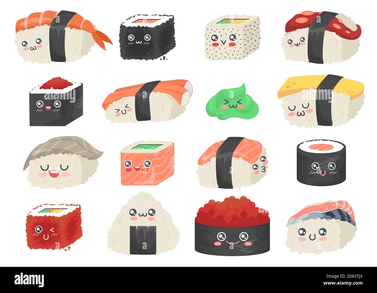 Sushi, sashimi e rotoli, carino e divertente cartoon set di caratteri, flat vettore isolato illustrazione. Illustrazione Vettoriale
