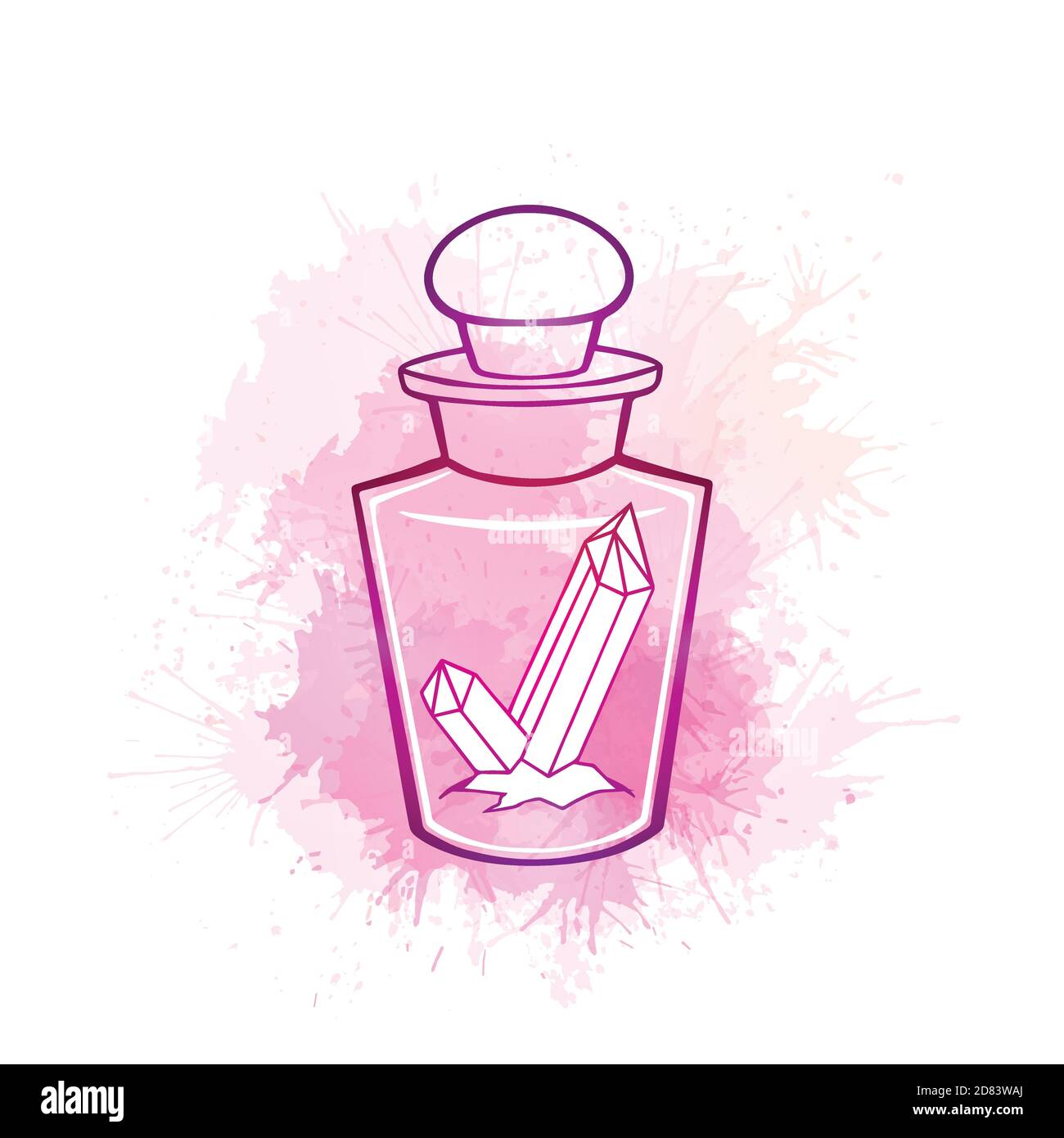 Contorno bottiglia di vetro magico con pietre preziose all'interno e spruzzi di acquerello violetto. Fiasca di contorno incantevole per cartoline, striscioni e creati Illustrazione Vettoriale