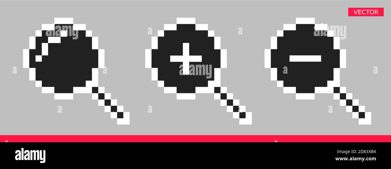 Icona lente di ingrandimento pixel nera segno cursore illustrazione vettore set. Illustrazione Vettoriale