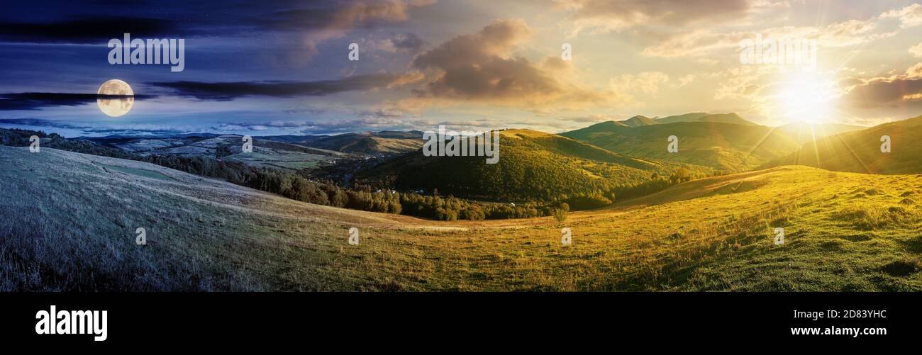 giorno e notte cambiare concetto sopra paesaggio di campagna montagnosa. panorama di un campo rurale erboso sulla collina con sole e luna. villaggio in Foto Stock