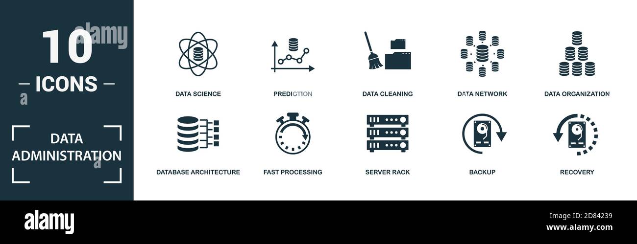 Gruppo di icone Data Administration. Raccolta di cartelli monocromatici con cartella di download, salvataggio su cloud, cartella zip, archiviazione dei dati e sopra le icone. Dati Illustrazione Vettoriale