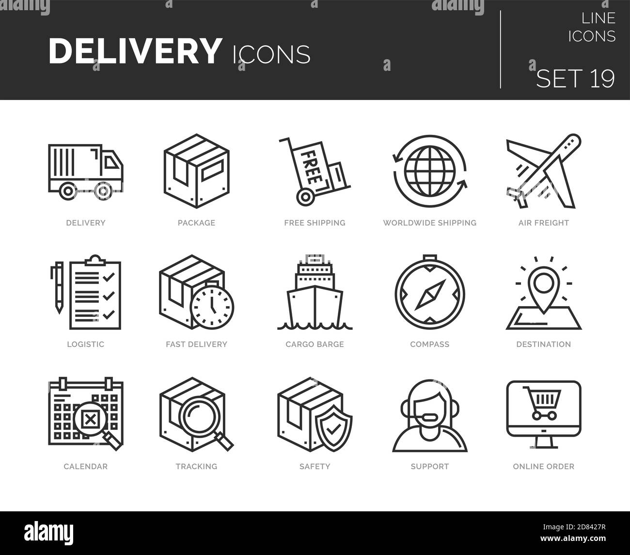 Set di icone di distribuzione vettoriale. Le icone sono in design piatto/lineare con elementi per i concetti mobili e le applicazioni Web. Collezione di loghi infografici moderni a Illustrazione Vettoriale