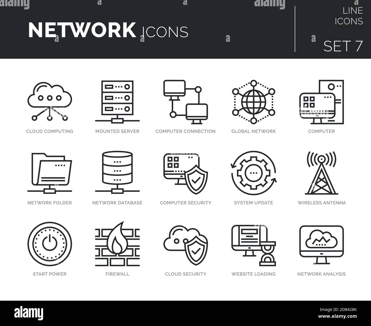 Insieme di icone di linea sottile moderne insieme di elementi di rete. Illustrazione Vettoriale