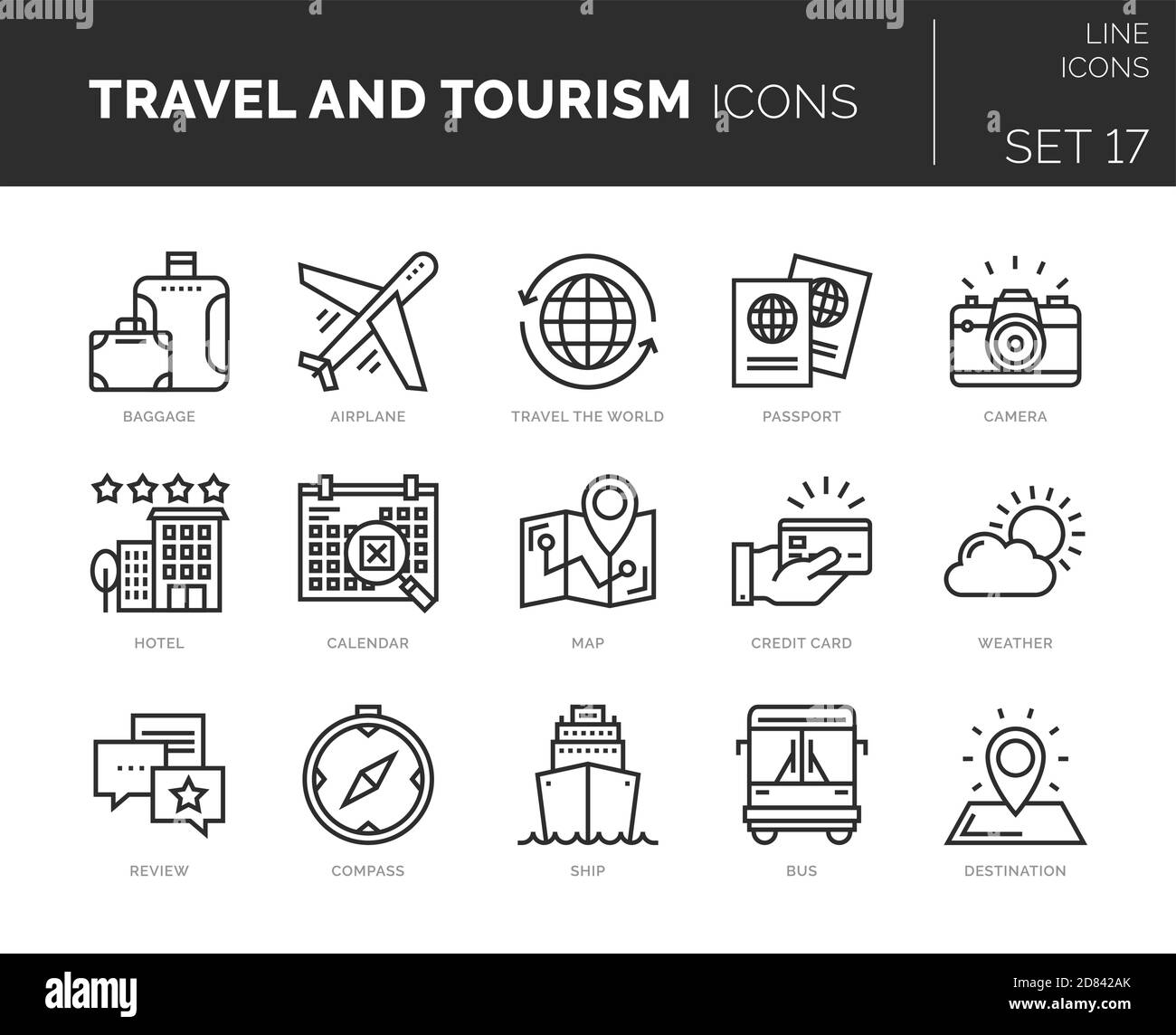 Set di icone di viaggio vettoriale e turismo. Le icone sono in design piatto/lineare con elementi per i concetti mobili e le applicazioni Web. Collezione di infografi moderni Illustrazione Vettoriale