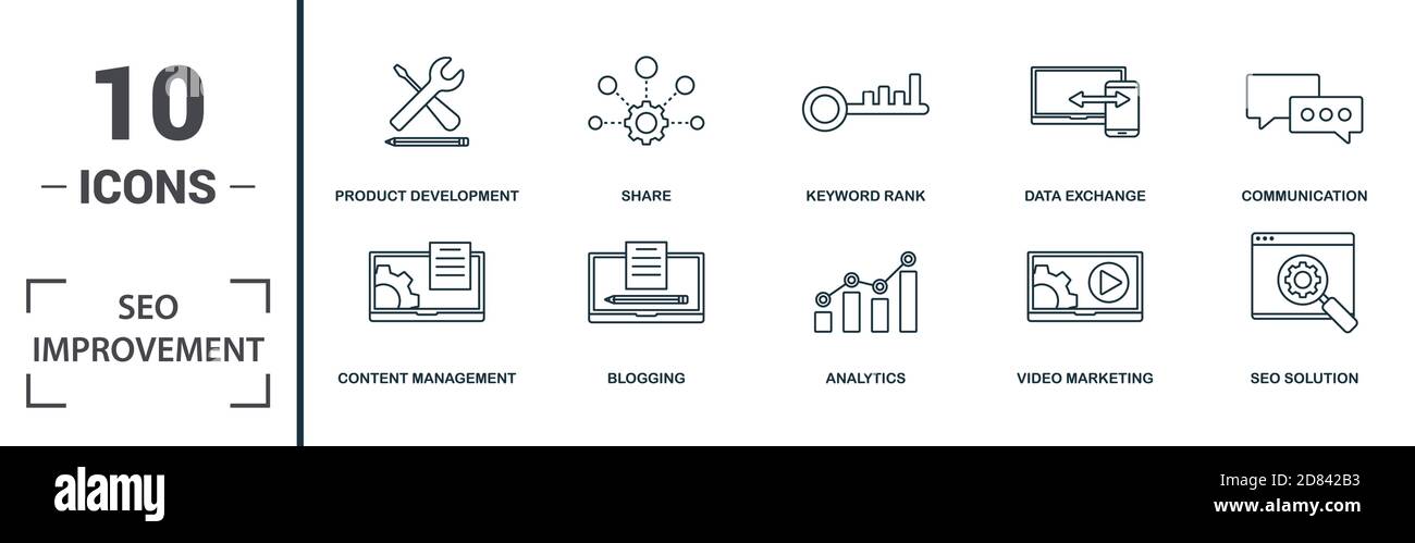 Set di icone di miglioramento SEO. Raccolta di cartelli monocromatici con ottimizzazione della velocità, sincronizzazione, sviluppo Web, servizio tecnico e oltre icone. Miglioramento SEO Illustrazione Vettoriale