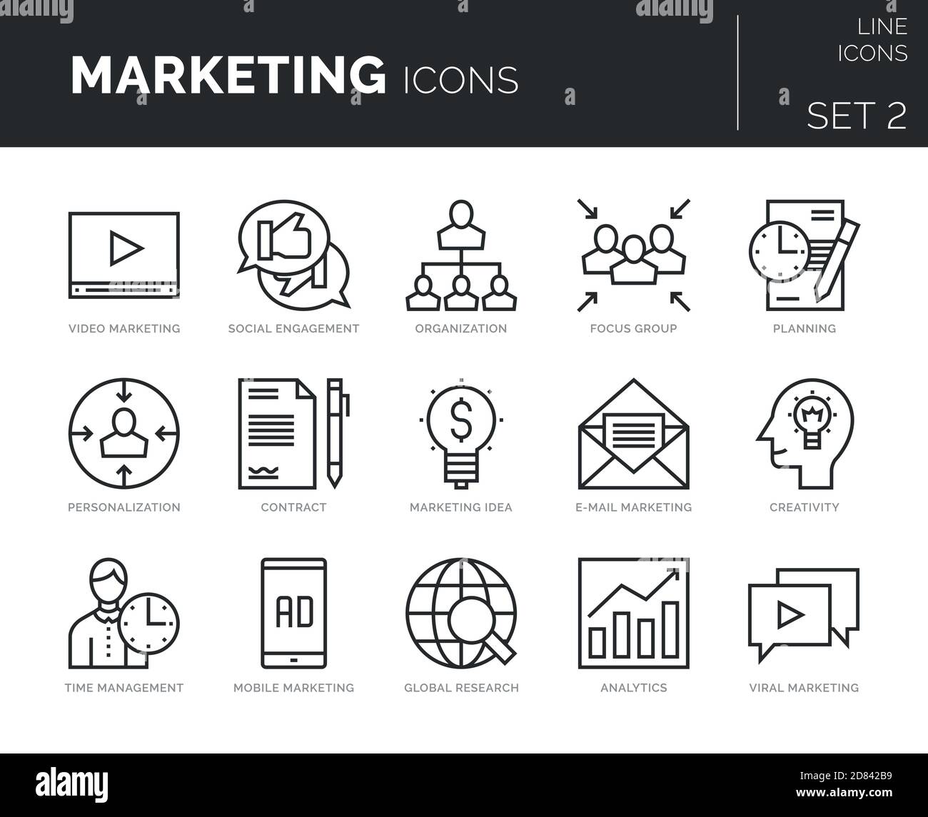 Collezione di icone moderne e sottili insieme di elementi di marketing. Illustrazione Vettoriale