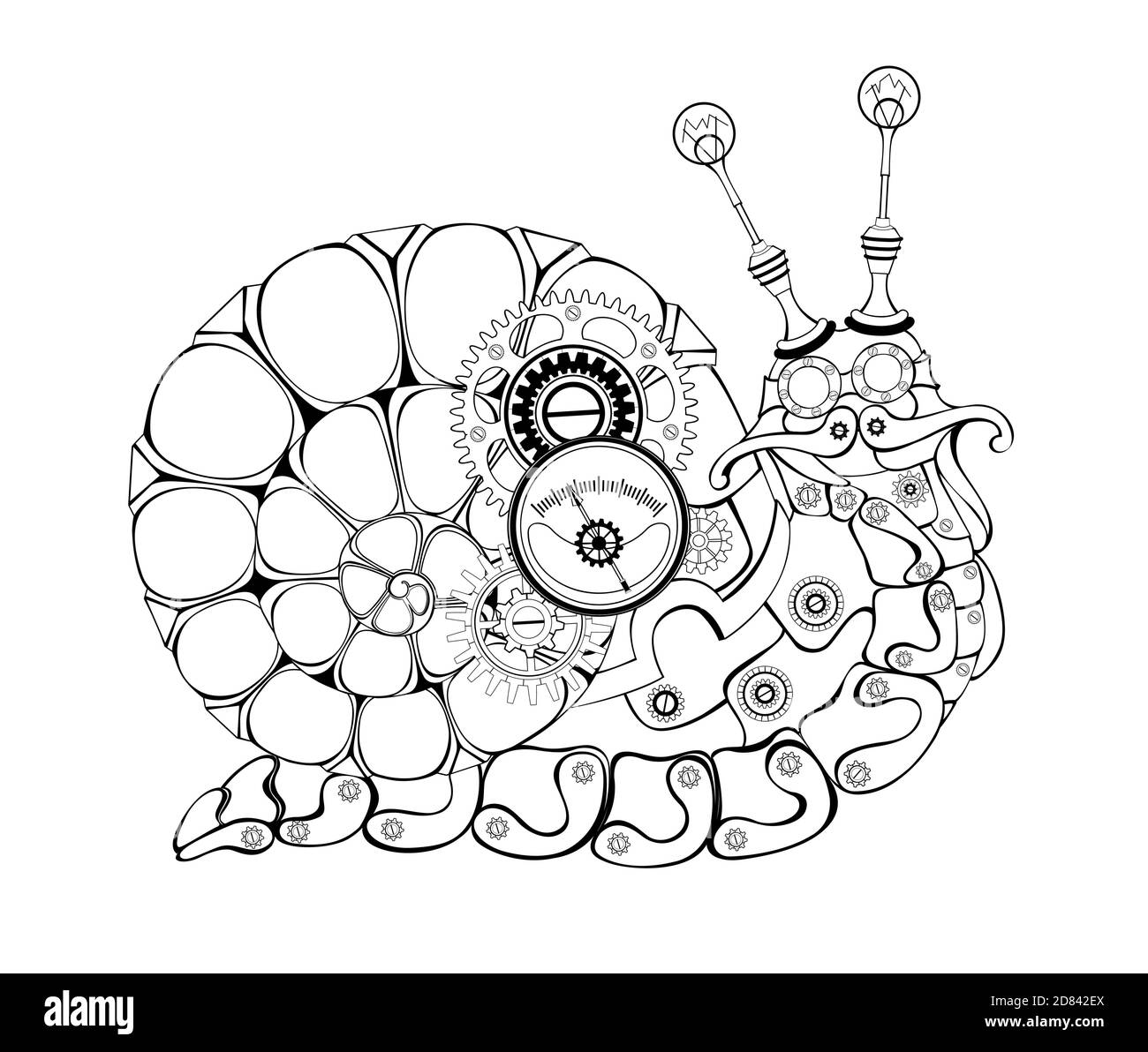 Chiodo antico, contornato, meccanico con ingranaggi su sfondo bianco. Stile Steampunk. Illustrazione Vettoriale