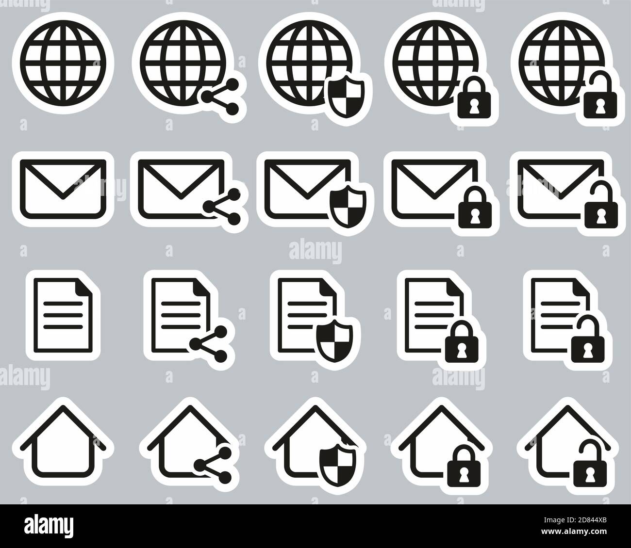 Protezione delle informazioni e icone di sicurezza delle informazioni adesivo bianco e nero Imposta grande Illustrazione Vettoriale