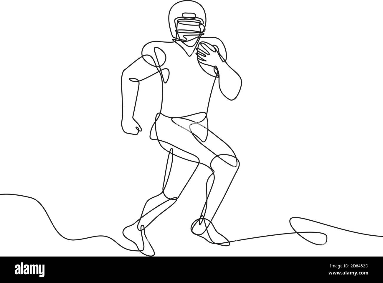 Disegno a linea continua illustrazione di un calcio americano che corre indietro, ricevitore largo, quarterback o corsa di estremità stretta con palla fatta in schizzo Illustrazione Vettoriale