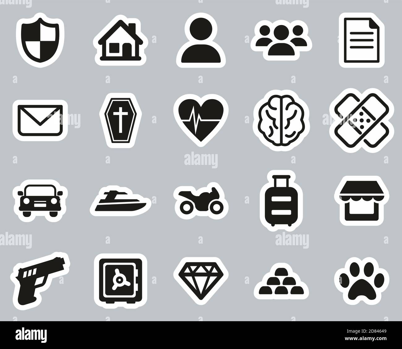 Icone di politica di assicurazione nero & bianco insieme della sticker grande Illustrazione Vettoriale