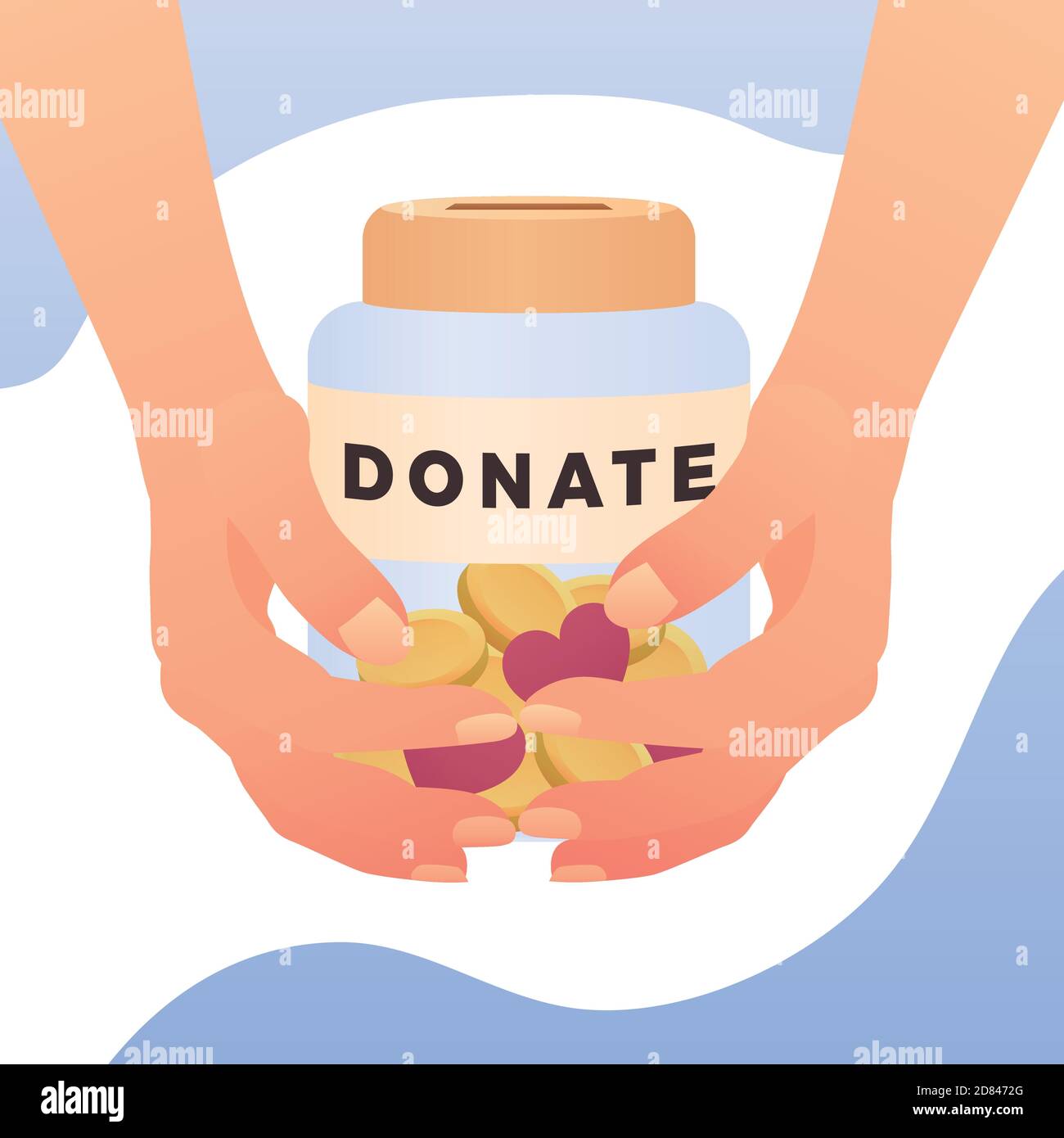 Donna che tiene un contenitore per donazioni. Scatola di donazione. Dona, dando soldi. Illustrazione vettoriale moderna, design piatto con gradiente. Illustrazione Vettoriale