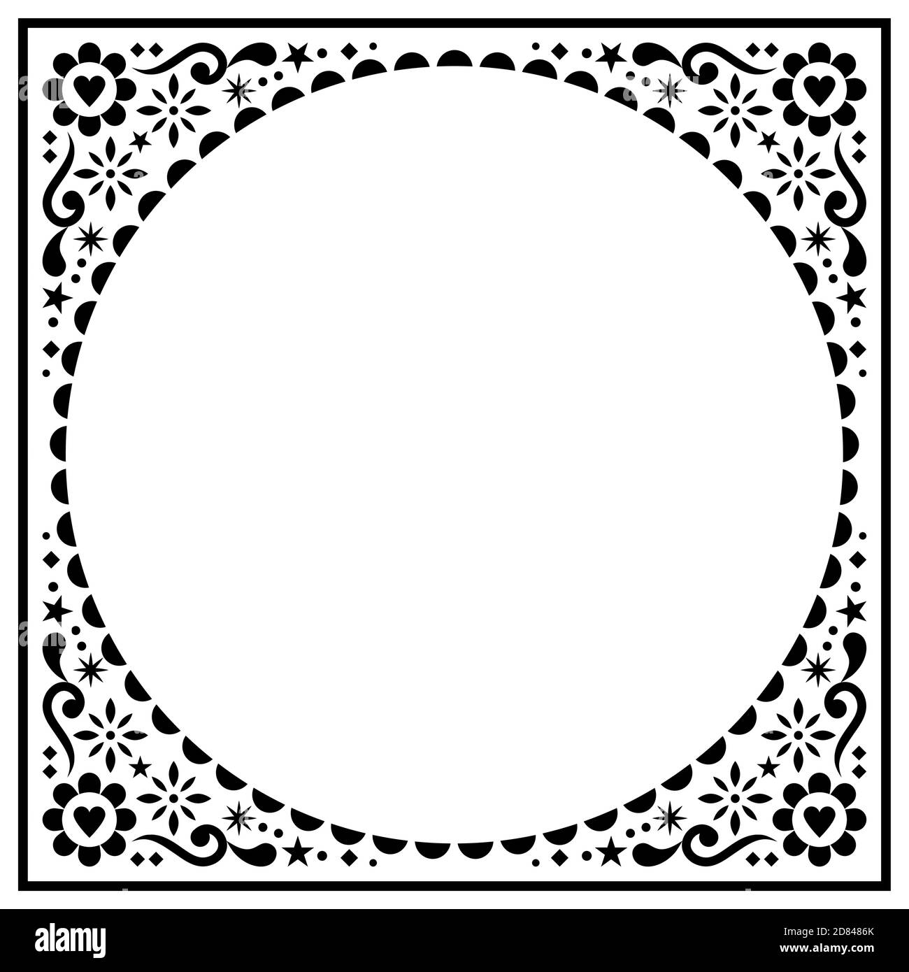 Biglietto d'auguri folcloristico scandinavo o disegno vettoriale di invito al matrimonio, motivo etnico floreale in nero su bianco Illustrazione Vettoriale