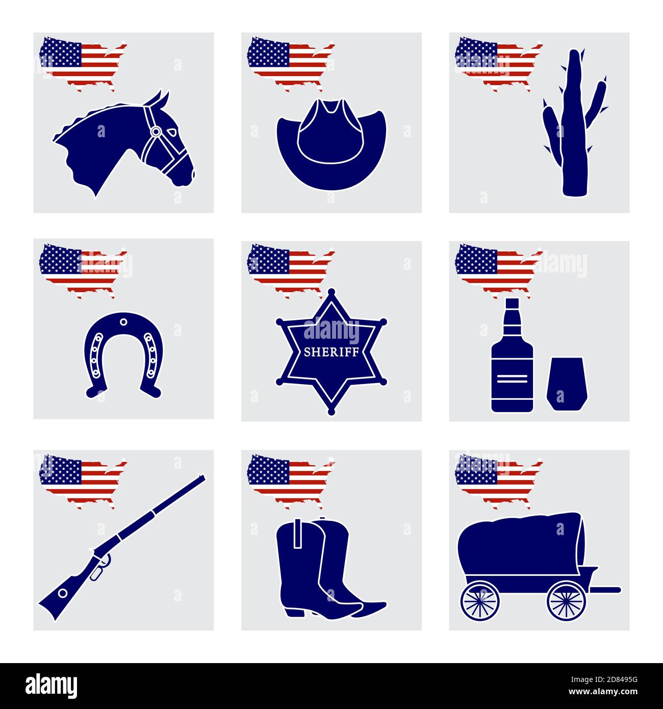 Vector Illustration USA Set simboli nazionali americani testa di cavallo, stivali da cowboy, cappello, cactus, ferro di cavallo, stella di sceriffo, whisky, pistola, furgone. 4 luglio Illustrazione Vettoriale