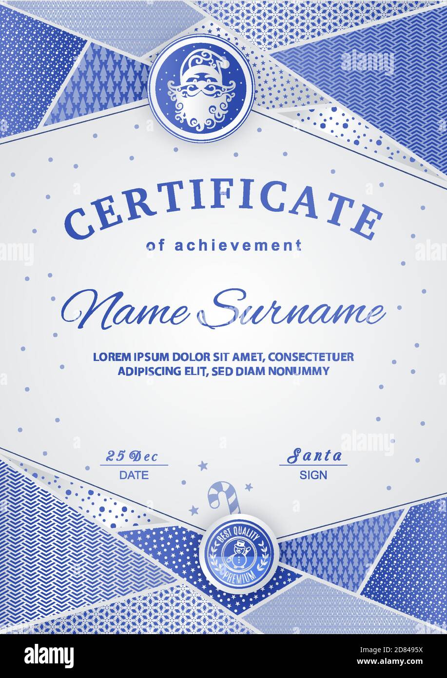 Certificato di Natale con Babbo Natale in emblema. Sfondo invernale blu argentato per le congratulazioni di Capodanno Illustrazione Vettoriale