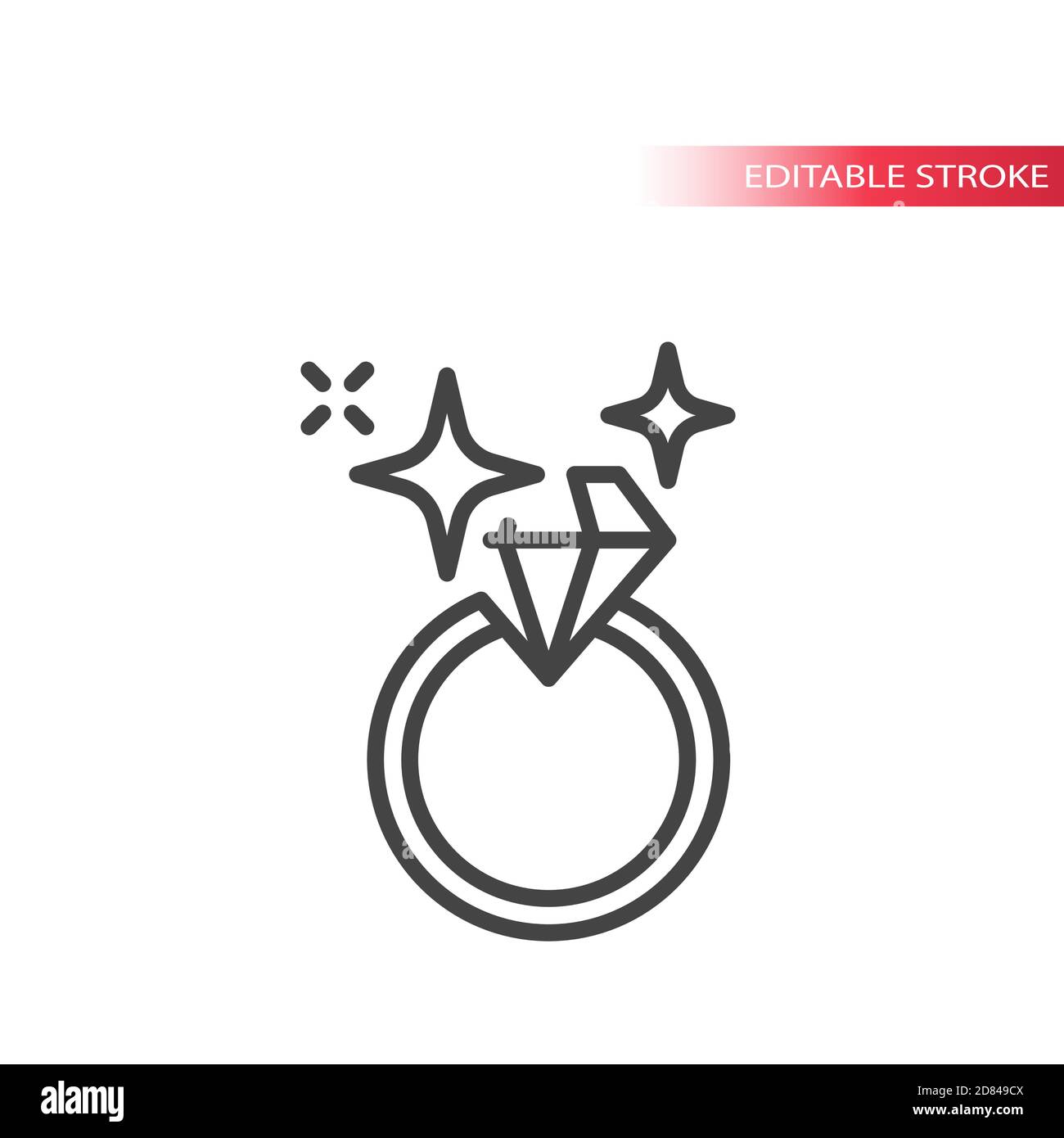 Icona del vettore della linea ad anello con diamante lucido. Simbolo del tratto modificabile dell'anello di matrimonio o di fidanzamento. Illustrazione Vettoriale