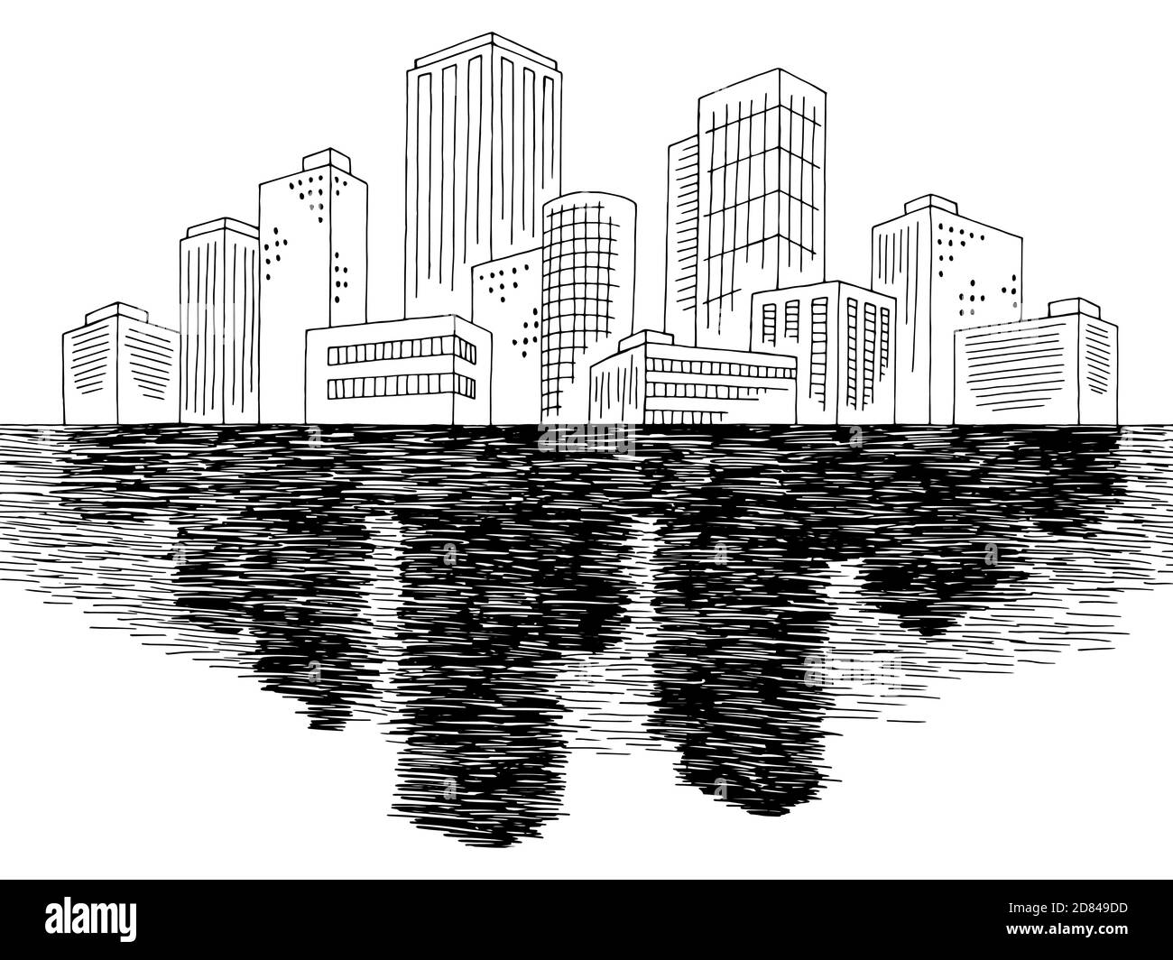 Città mare grafico nero bianco città skyline schizzo illustrazione vettore Illustrazione Vettoriale