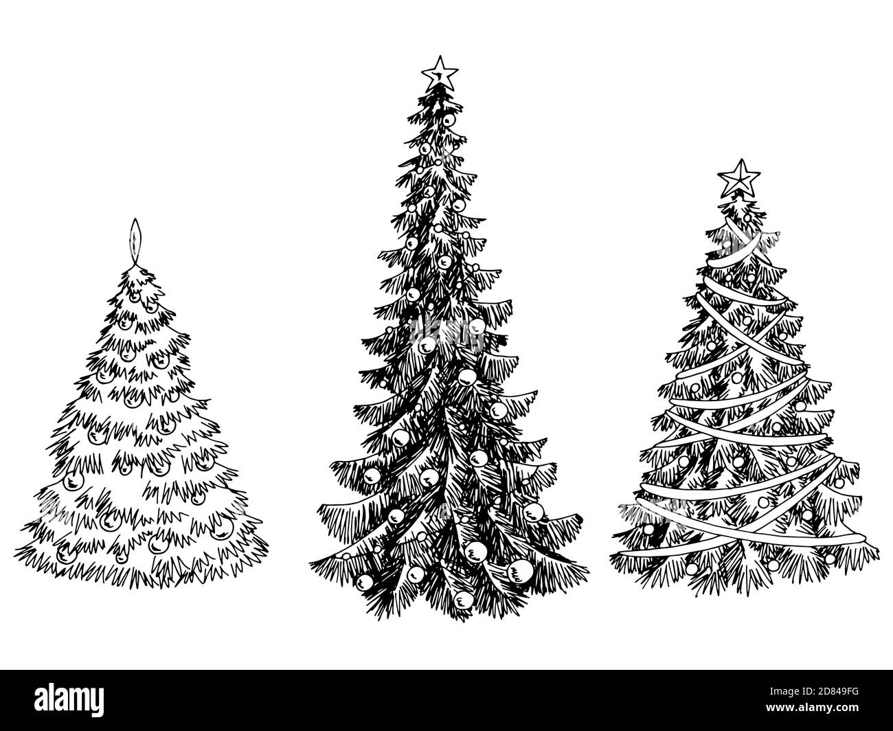 Albero di Natale grafica nero bianco decorazione Capodanno isolato schizzo imposta vettore illustrazione Illustrazione Vettoriale