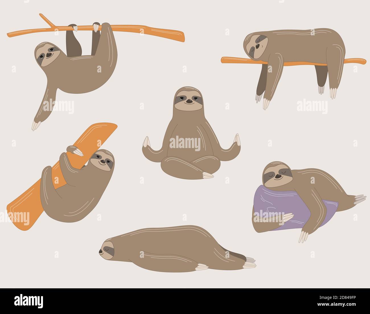 Sloth in posizioni diverse. Animale pigro in stile cartone animato lineare. Illustrazione Vettoriale