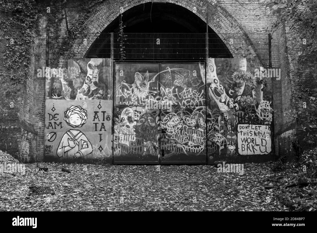 Graffiti copre il tunnel chiuso che un tempo faceva parte della ferrovia Nunhead to Crystal Palace (High Level) che un tempo passava attraverso Sydenham Hill Woods. Il letto della pista può essere seguito ad un tunnel chiuso e disusato che è ora un rost registrato del bat, il 25 ottobre 2020, a Londra, Inghilterra. Foto Stock