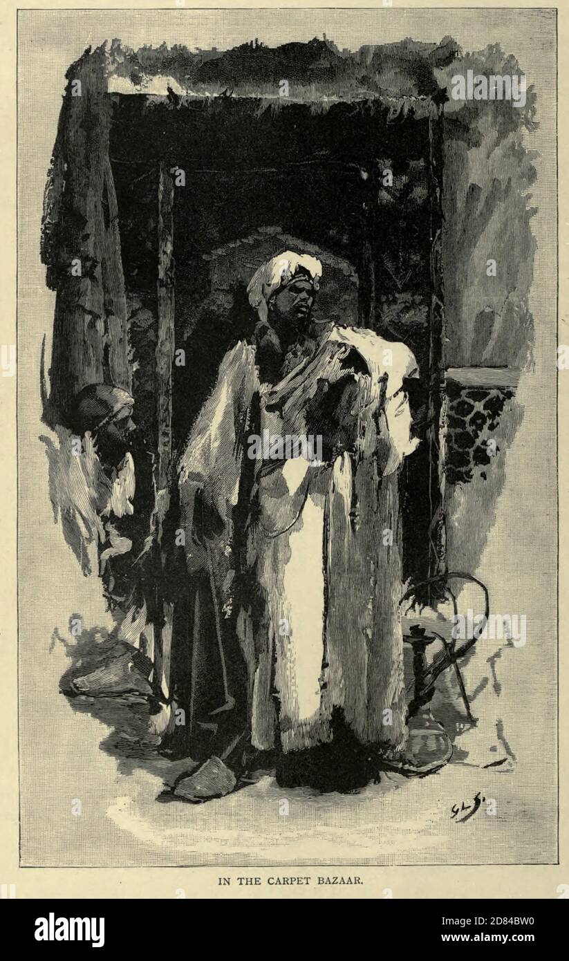 Il bazaar Carpet incisione in legno dal libro 'pittoresca Palestina, Sinai ed Egitto : vita sociale in Egitto; una descrizione del paese e del suo popolo' con illustrazioni su acciaio e legno di Wilson, Charles William, Sir, 1836-1905; Lane-Poole, Stanley, 1854-1931. Pubblicato da J.S. Virtue a Londra nel 1884 Foto Stock