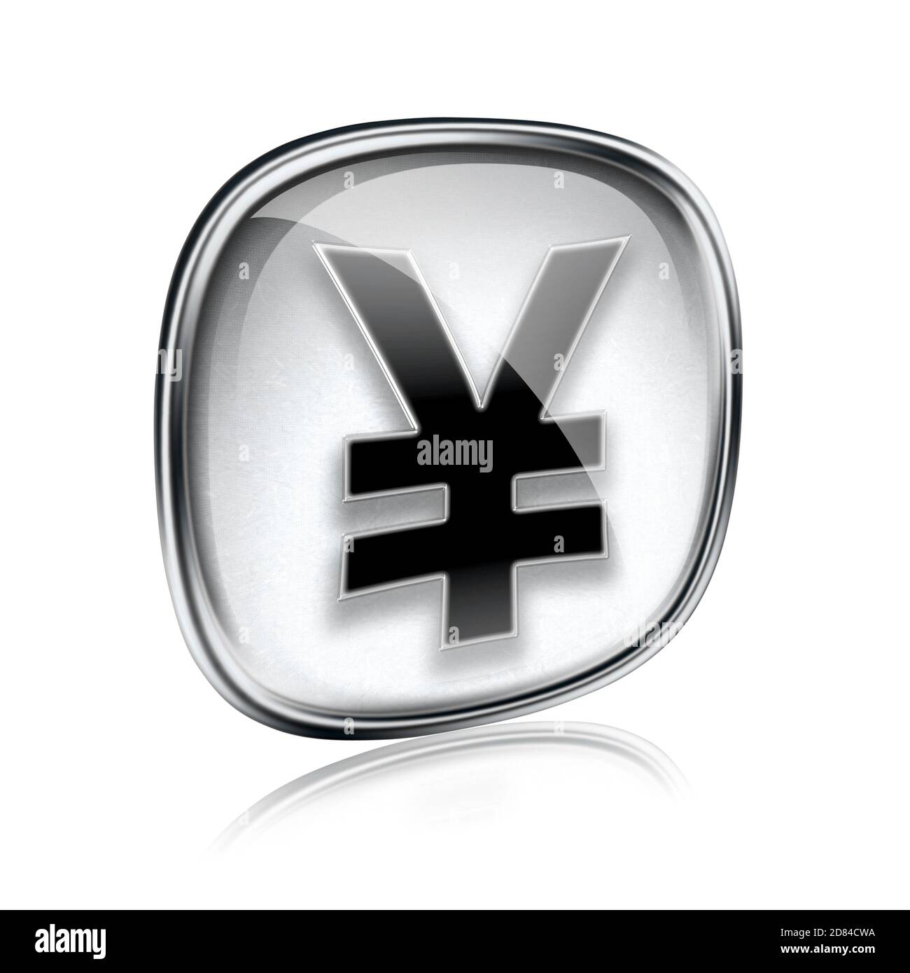 Icona di yen in vetro grigio, isolato su sfondo bianco Foto Stock