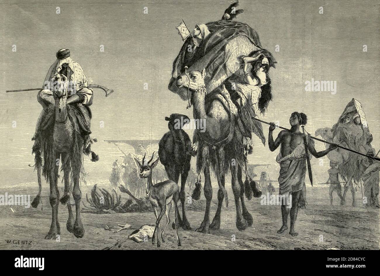 Incisione in legno di una Caravan di cammelli nel deserto dal libro 'pittoresca Palestina, Sinai ed Egitto : vita sociale in Egitto; una descrizione del paese e del suo popolo' con illustrazioni su acciaio e legno di Wilson, Charles William, Sir, 1836-1905; Lane-Poole, Stanley, 1854-1931. Pubblicato da J.S. Virtue a Londra nel 1884 Foto Stock