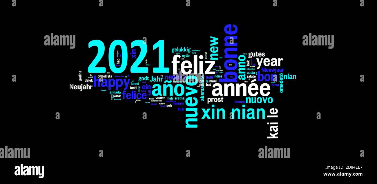 biglietto d'auguri 2021 su sfondo nero, nuvola di parole multilingue di nuovo anno Foto Stock