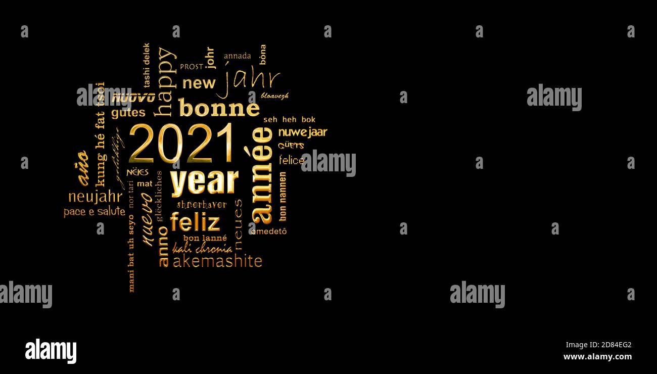 biglietto d'auguri multilingue per il nuovo anno 2021 per la nuvola di parole dorate su sfondo nero panoramico Foto Stock