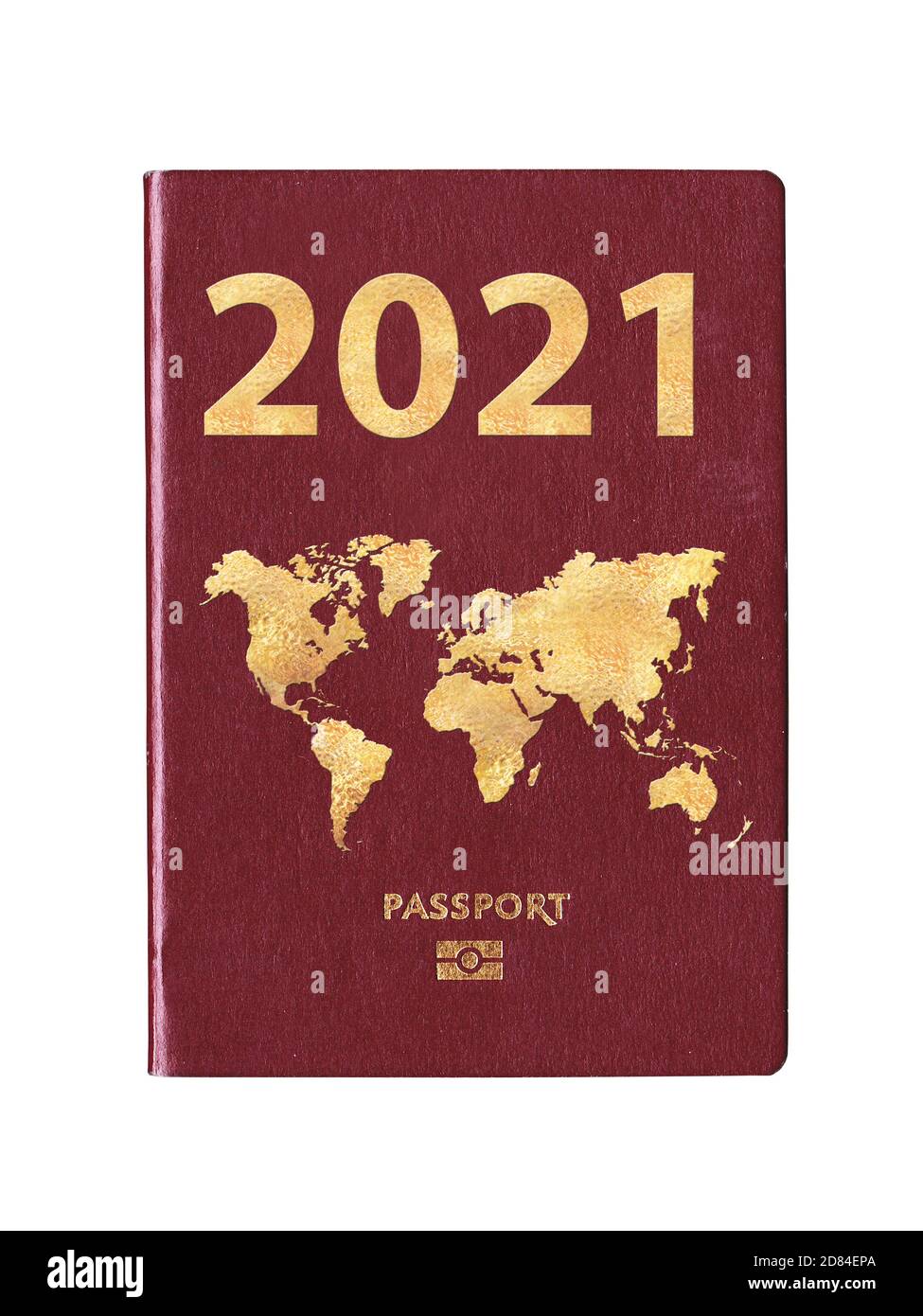Passport 2021 con una mappa del mondo sulla copertina, concetto di viaggio Foto Stock