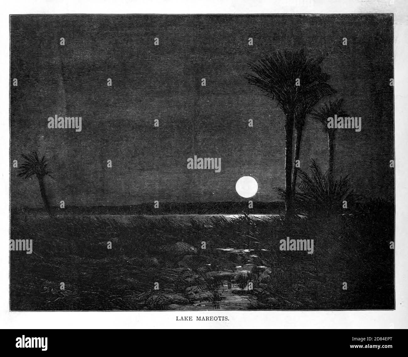 Incisione in legno del lago Mareotis [Mariout] a Moonlight dal libro 'pittoresca Palestina, Sinai ed Egitto : vita sociale in Egitto; una descrizione del paese e del suo popolo' con illustrazioni su acciaio e legno di Wilson, Charles William, Sir, 1836-1905; Lane-Poole, Stanley, 1854-1931. Pubblicato da J.S. Virtue a Londra nel 1884 Foto Stock