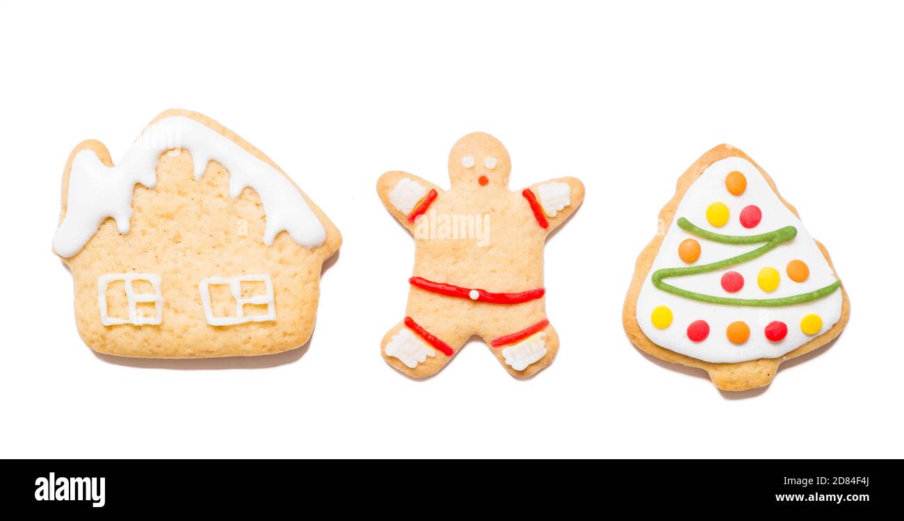 Biscotti di Natale di varie forme su sfondo bianco isolato Foto Stock