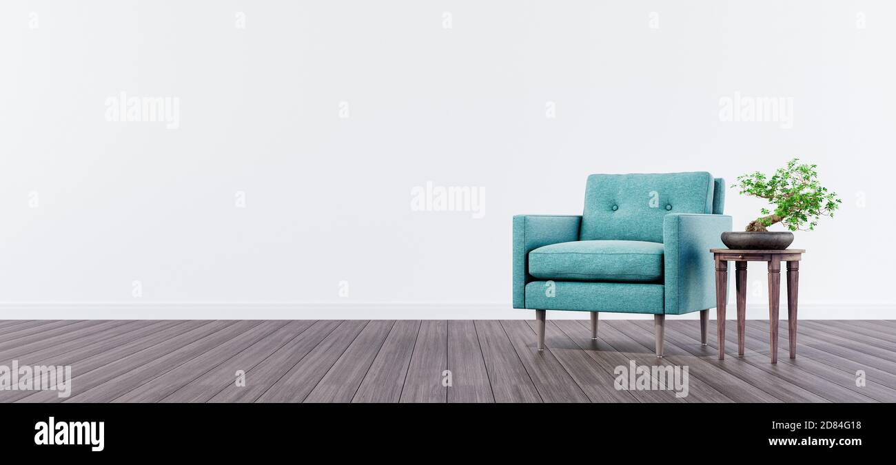 Interni soggiorno con poltrona in velluto verde e bonsai albero con parete bianca e spazio di copia sul 3d sinistro rappresentazione di un'illustrazione 3d Foto Stock