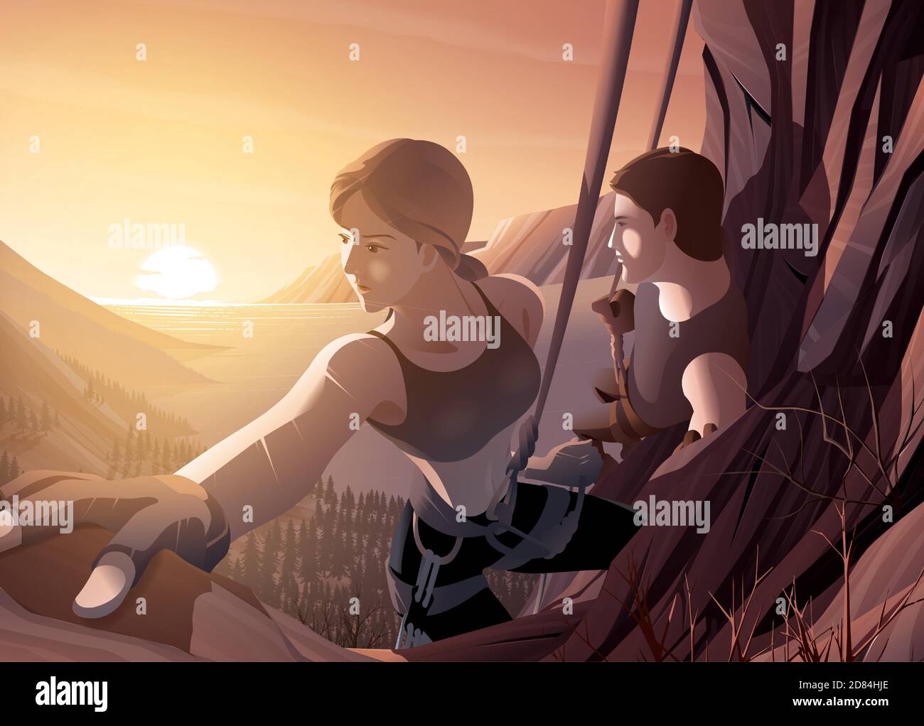 Immagine vettoriale di una giovane coppia che sale insieme sulla scogliera con uno sfondo del bellissimo scenario di estuario del mare e il sole che sorge Illustrazione Vettoriale