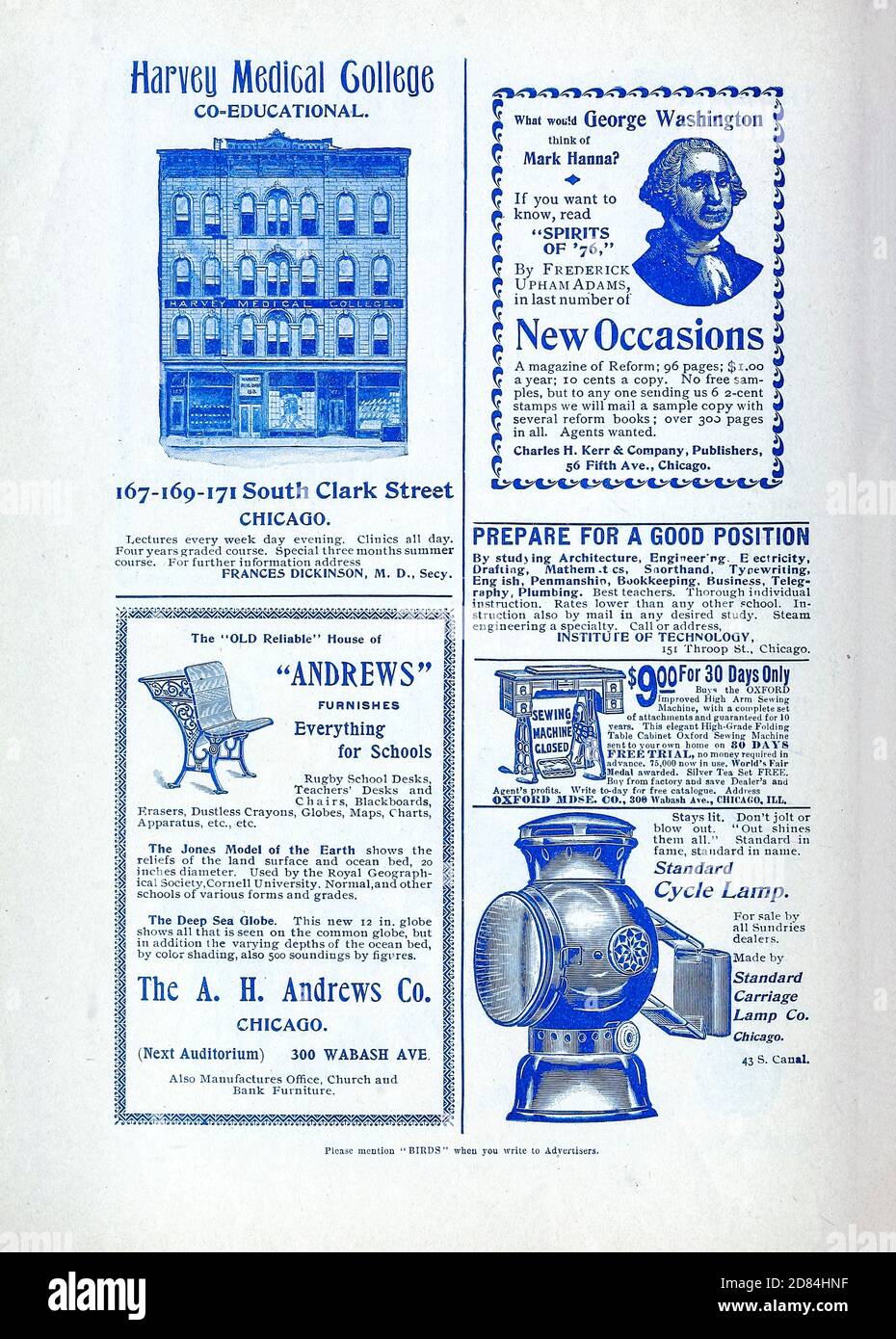 Harvey Medical Collage e Ciclismo lampade Annunci comparso in una rivista mensile chiamato 'Uccelli : illustrato da fotografia a colori' una serie mensile. Conoscenza della vita degli uccelli nel 1897. Foto Stock