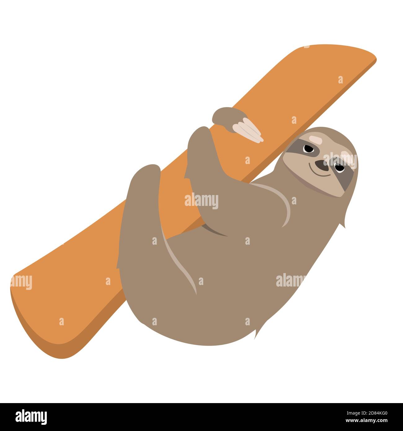Sloth arrampicata albero. Animale pigro in stile cartone animato isolato su sfondo bianco. Illustrazione Vettoriale