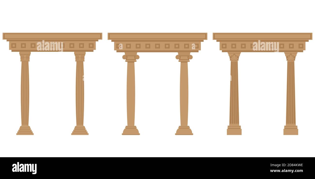 Serie vettoriale di archi antichi. Oggetti architettonici in stile piatto isolati su sfondo bianco. Illustrazione Vettoriale