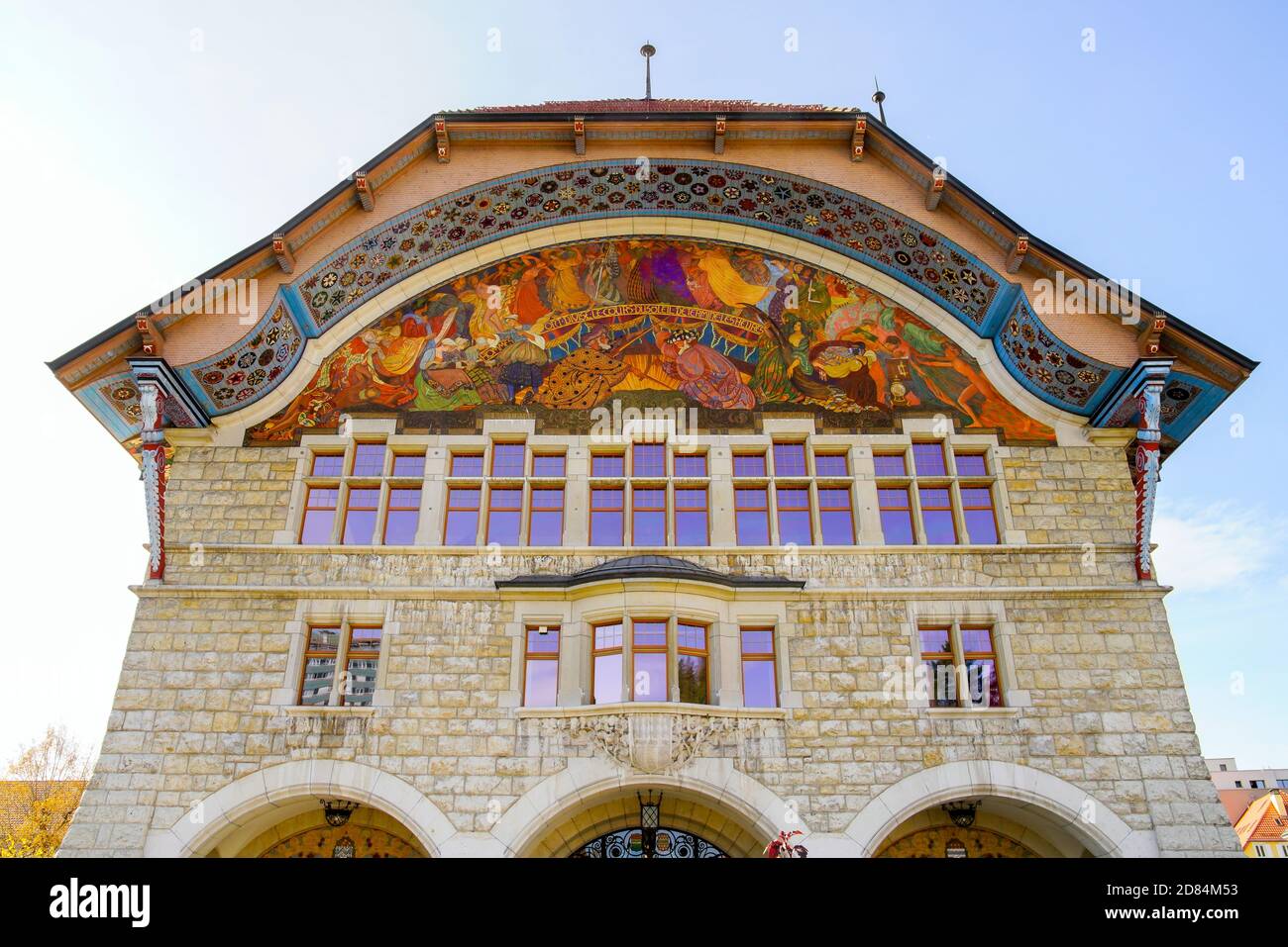 Veduta della Sala delle Gilde in stile Liberty nel comune di le Locle. Locle Distretto nel Cantone di Neuchâtel in Svizzera. È la terza città più piccola del sud-ovest Foto Stock