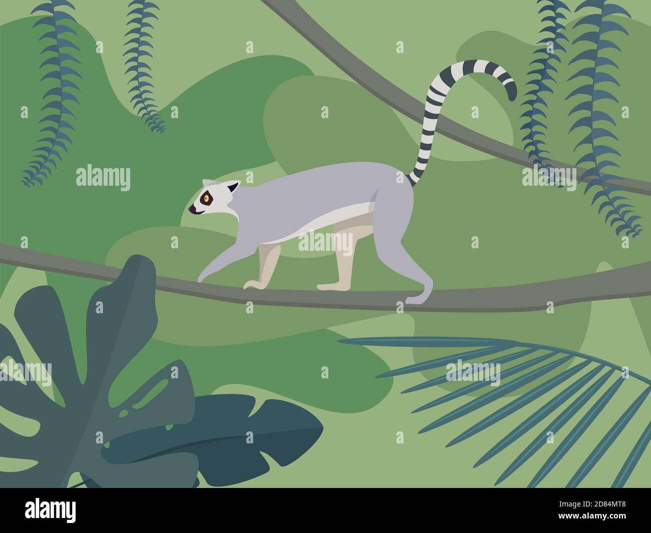 Lemuri nella foresta pluviale. Illustrazione vettoriale in stile cartoon. Illustrazione Vettoriale