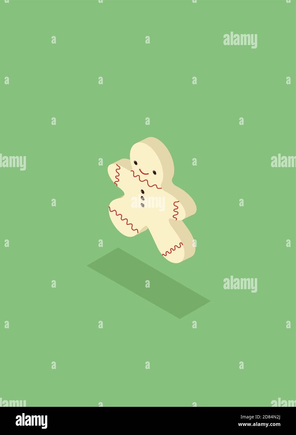 Biscotto isometrico tridimensionale allo zenzero con viso divertente e glassa rossa. Illustrazione Vettoriale