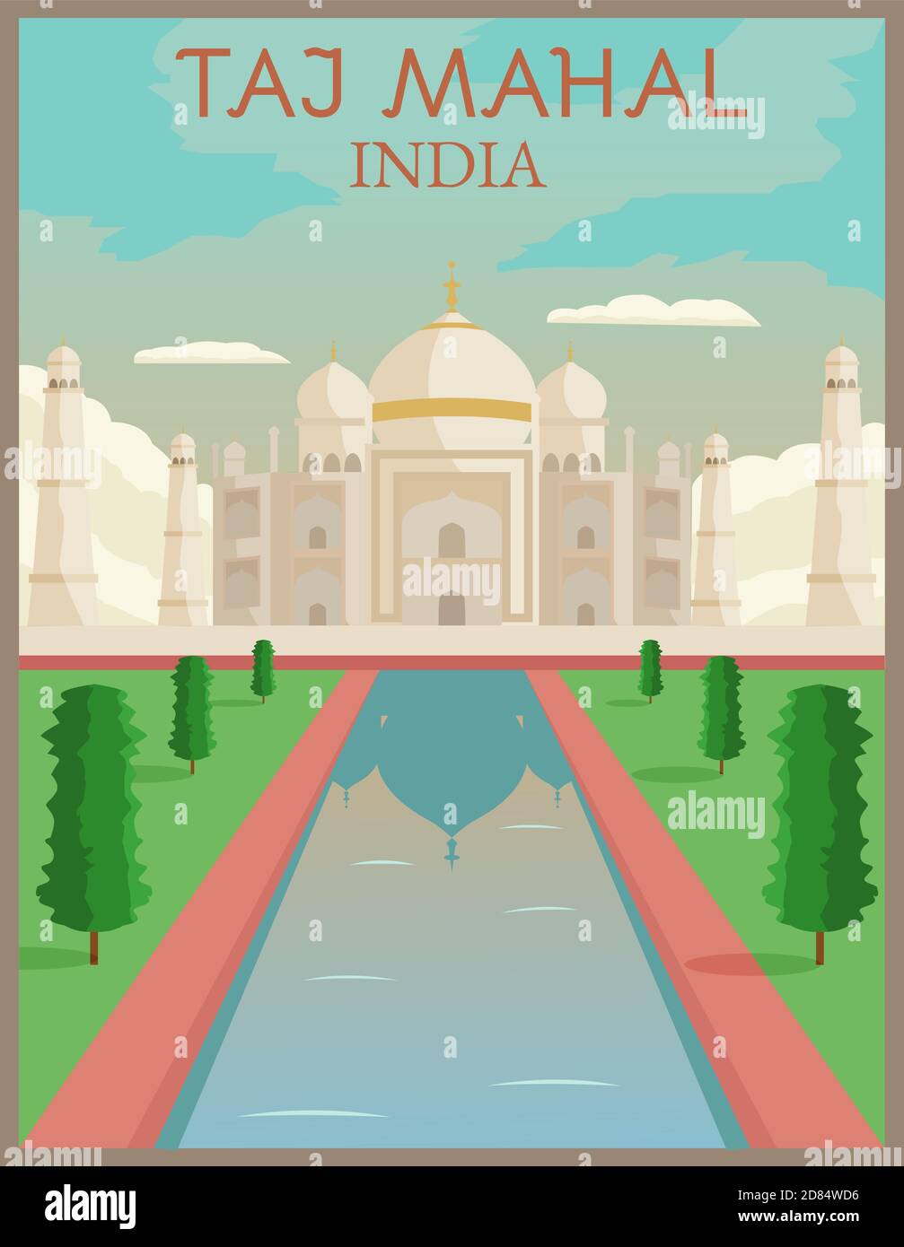 Illustrazione vettore disegno di retro e vintage poster di viaggio di Taj Mahal, India Illustrazione Vettoriale